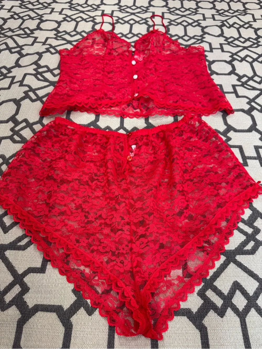 Texsheen Vintage 70s 80s Red Lace Lingerie 2 Piece Set Sheer Cami Shorts Sz L